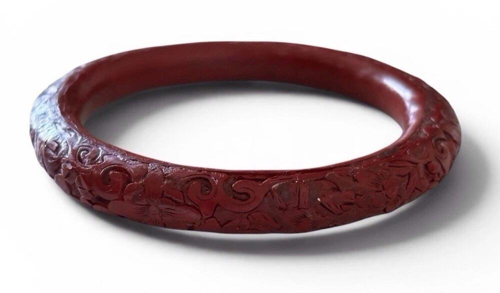 Carved Red Cinnabar Bangle Bracelet Chinese Floral 8 in Vintage
